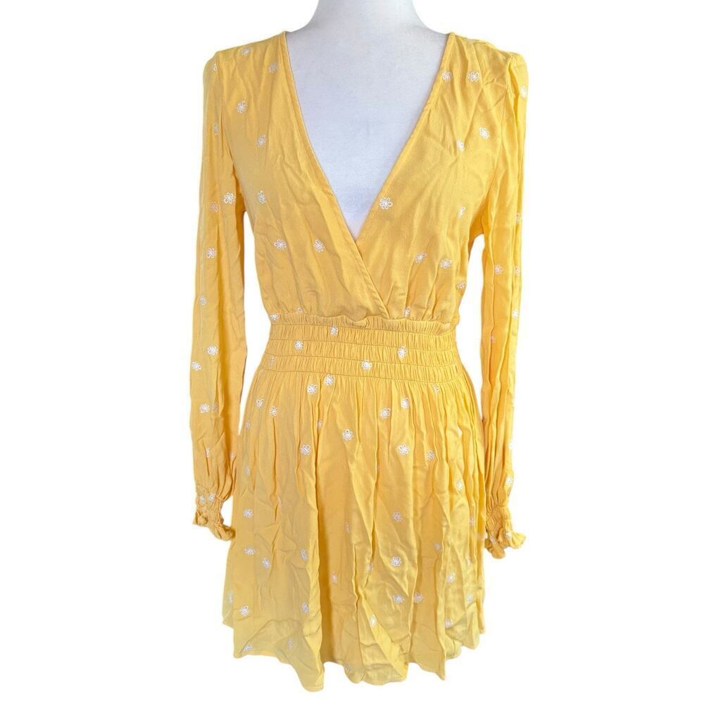 For Love & Lemons M Chiquita Yellow Daisy Dress Long Bell Sleeve V Neck Mini